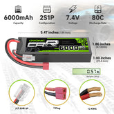 Lot de 2 batteries Lipo OVONIC 6 000 mAh 80 C 2S 7,4 V, boîtier rigide avec prise Deans et testeur de tension Lipo pour voitures, camions, bateaux et buggys RC à l'échelle 1/10 et 1/8